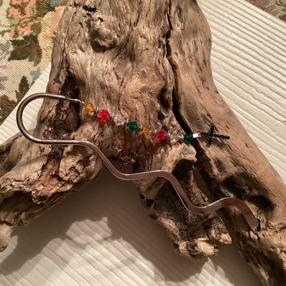 Silver Shepherd Hook Bookmark w/ Crystal Cross / Crystal Beads
